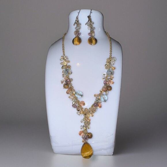 -NECKLACE & EARRING SET VTG Avon 80s Gold Tone Tiger Eye Fish Hook - Picture 1 of 16